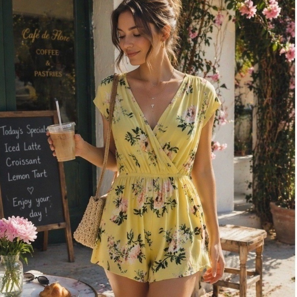 rue21 Floral Romper Yellow V-Neck Surplice Boho Cottagecore Summer Junior MEDIUM